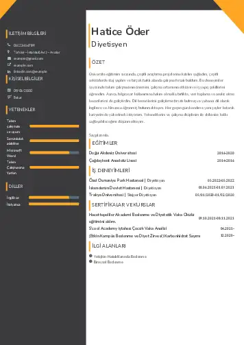 Beslenme Uzmanı Diyetisyen CV Örnekleri cv indir